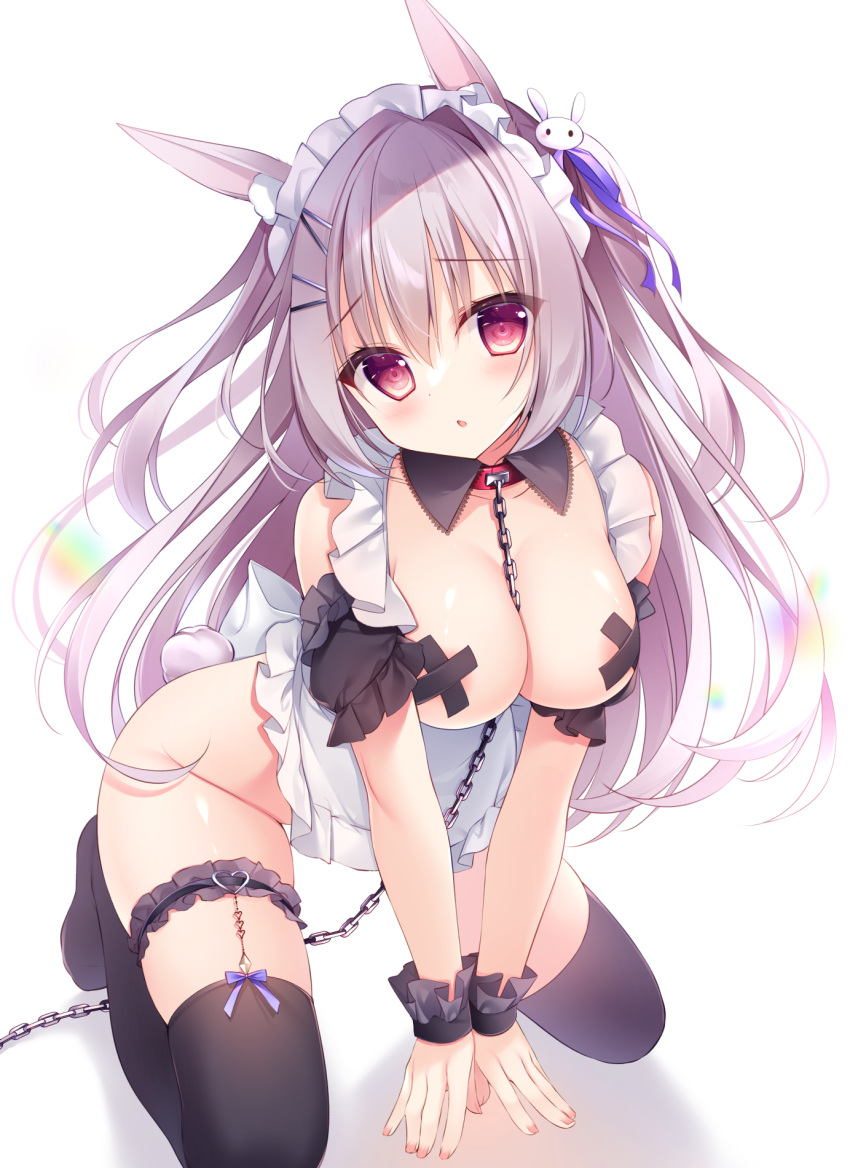 1girl animal_ears apron areola_slip bangs black_thighhighs blush breasts bunny_hair_ornament chain chestnut_mouth collar collarbone commentary english_commentary frilled_apron frills grey_hair groin hair_between_eyes hair_ornament hair_ribbon hairclip highres kneeling long_hair looking_at_viewer medium_breasts nail_polish original pink_nails purple_ribbon rabbit_ears red_collar red_eyes ribbon shadow shirosei_mochi solo thighhighs two_side_up very_long_hair white_apron white_background wrist_cuffs
