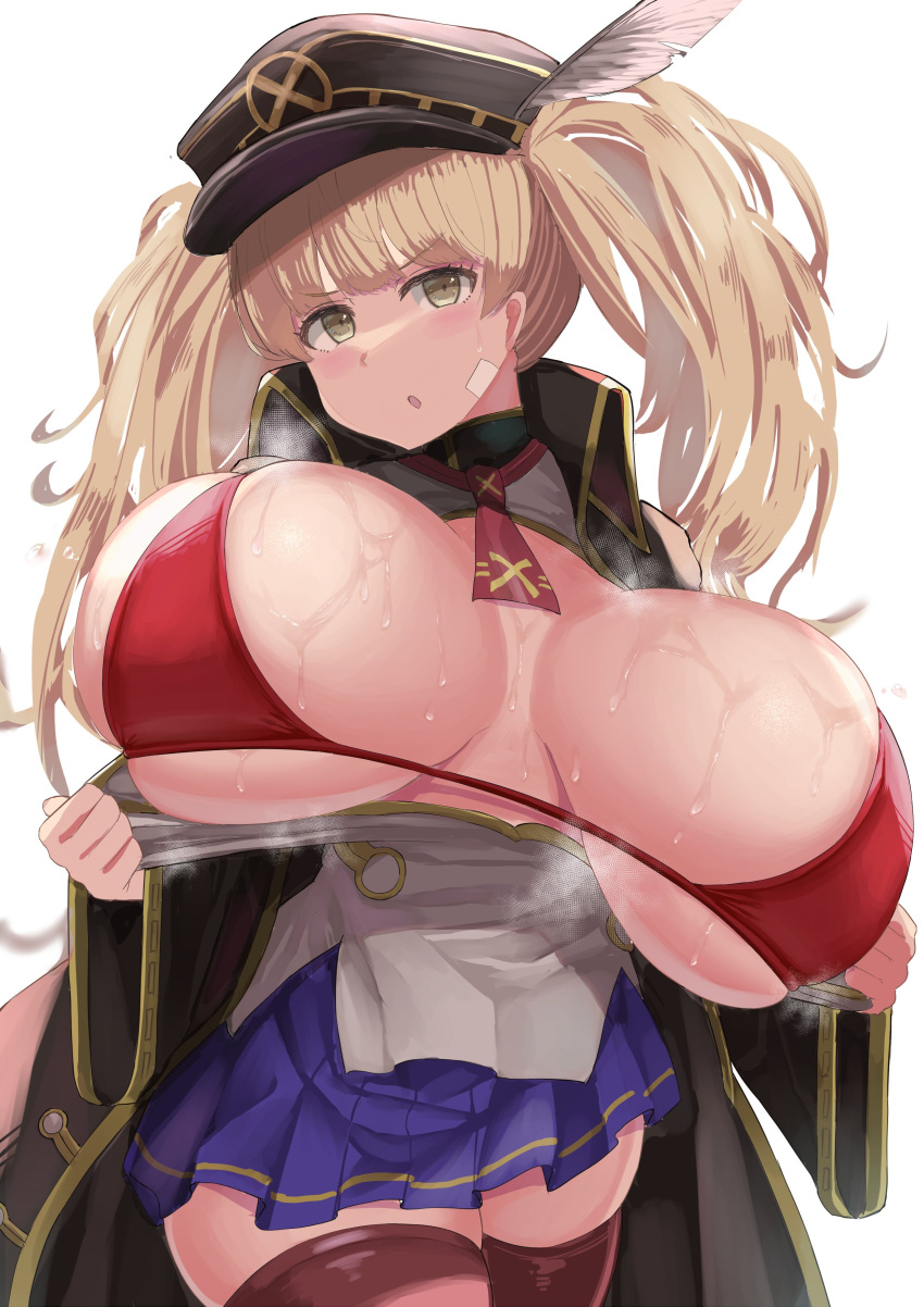 1girl absurdres blonde_hair bouncing_breasts breasts cape facominn granblue_fantasy hat highres huge_breasts miniskirt monika_weisswind open_mouth simple_background skindentation skirt solo twintails yellow_eyes