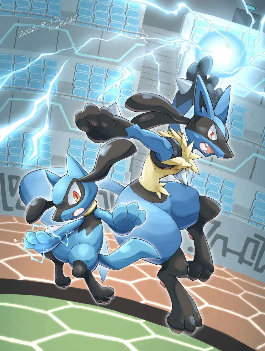 2022 absurd_res action_pose ambiguous_gender anthro arena aura black_body black_fur blue_body blue_fur chest_spike cute_fangs dated digital_drawing_(artwork) digital_media_(artwork) duo fur generation_4_pokemon hand_spike hi_res katkichi lucario nintendo open_mouth orange_eyes pawpads pokemon pokemon_(species) pose riolu signature spikes spikes_(anatomy) suspended_in_midair tan_body tan_fur tongue video_games