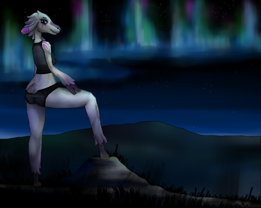 anthro aurora_borealis black_clothing blue_eyes bottomwear bovid breasts brown_body brown_fur caprine clothing detailed_background eyelashes eyeshadow female fur grass hair hooves kindred_(lol) league_of_legends looking_at_viewer makeup mammal markings mountain night outside plant purple_body purple_fur purple_markings riot_games sheep sky solo squablodecomplash star starry_sky topwear video_games white_body white_fur white_hair