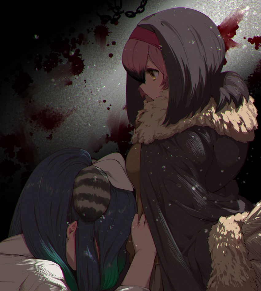 2girls bird_tail black_hair blood blood_on_wall blood_splatter brown_hair chain chromatic_aberration cloak closed_mouth clothes_grab coat dodo_(kemono_friends) dust empty_eyes expressionless facing_down from_side fur_collar fur_trim grabbing green_hair hair_ornament hairband high_ponytail highres kako_(kemono_friends) kemono_friends long_hair looking_at_another medium_hair multicolored_hair multiple_girls notora pink_hair short_ponytail tail two-tone_hair yellow_eyes