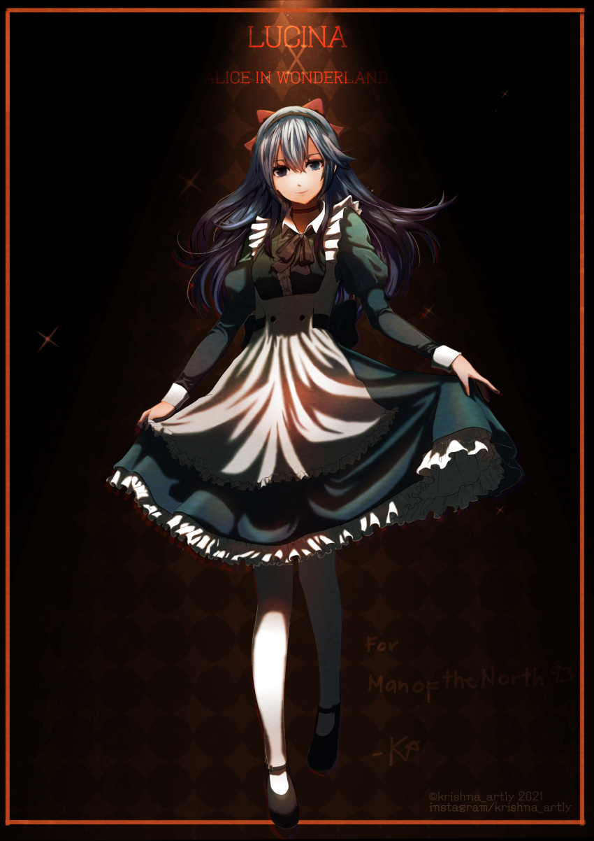 1girl absurdres alice_(alice_in_wonderland) alice_(alice_in_wonderland)_(cosplay) alice_in_wonderland apron bangs black_footwear black_hairband blue_eyes blue_hair bow character_name choker cosplay dress fire_emblem fire_emblem_awakening full_body hair_bow hairband highres krishna_artly long_hair looking_at_viewer lucina_(fire_emblem) puffy_sleeves red_bow smile solo symbol_in_eye thighhighs twitter_username wrist_cuffs