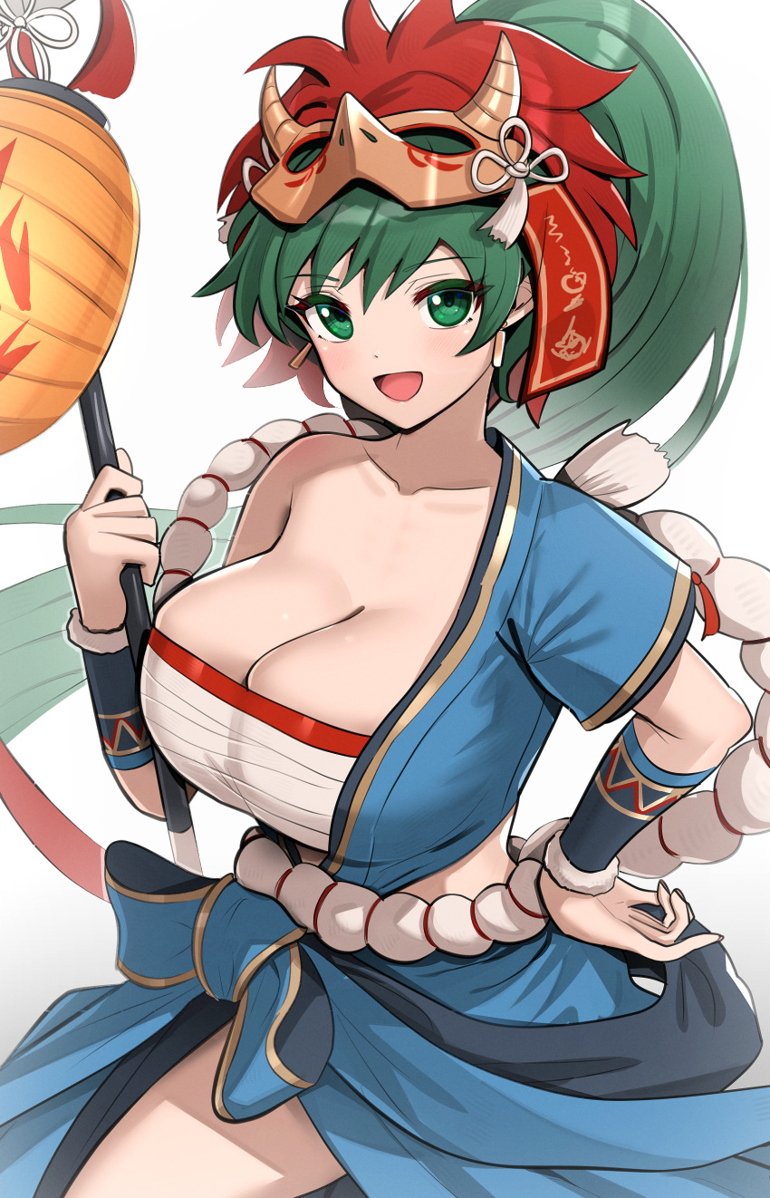1girl :d absurdres bandages bangs blue_shirt blue_skirt blush breasts chest_sarashi cleavage collarbone commentary cowboy_shot fire_emblem fire_emblem:_the_blazing_blade fire_emblem_heroes gonzarez green_eyes green_hair hand_on_hip hand_up highres holding large_breasts long_hair looking_at_viewer lyn_(fire_emblem) mask mask_on_head official_alternate_costume open_mouth ponytail revision sarashi shirt simple_background single-shoulder_shirt single_bare_shoulder single_sleeve skirt smile solo standing strapless tube_top very_long_hair white_background