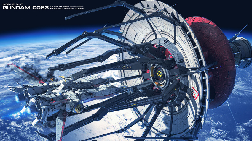 3d albion_(gundam) earth_(planet) earth_federation energy_cannon gundam gundam_0083 in_orbit la_vie_en_rose_(gundam) logo machinery michaellee4 military military_base no_humans planet realistic science_fiction space spacecraft thrusters turret