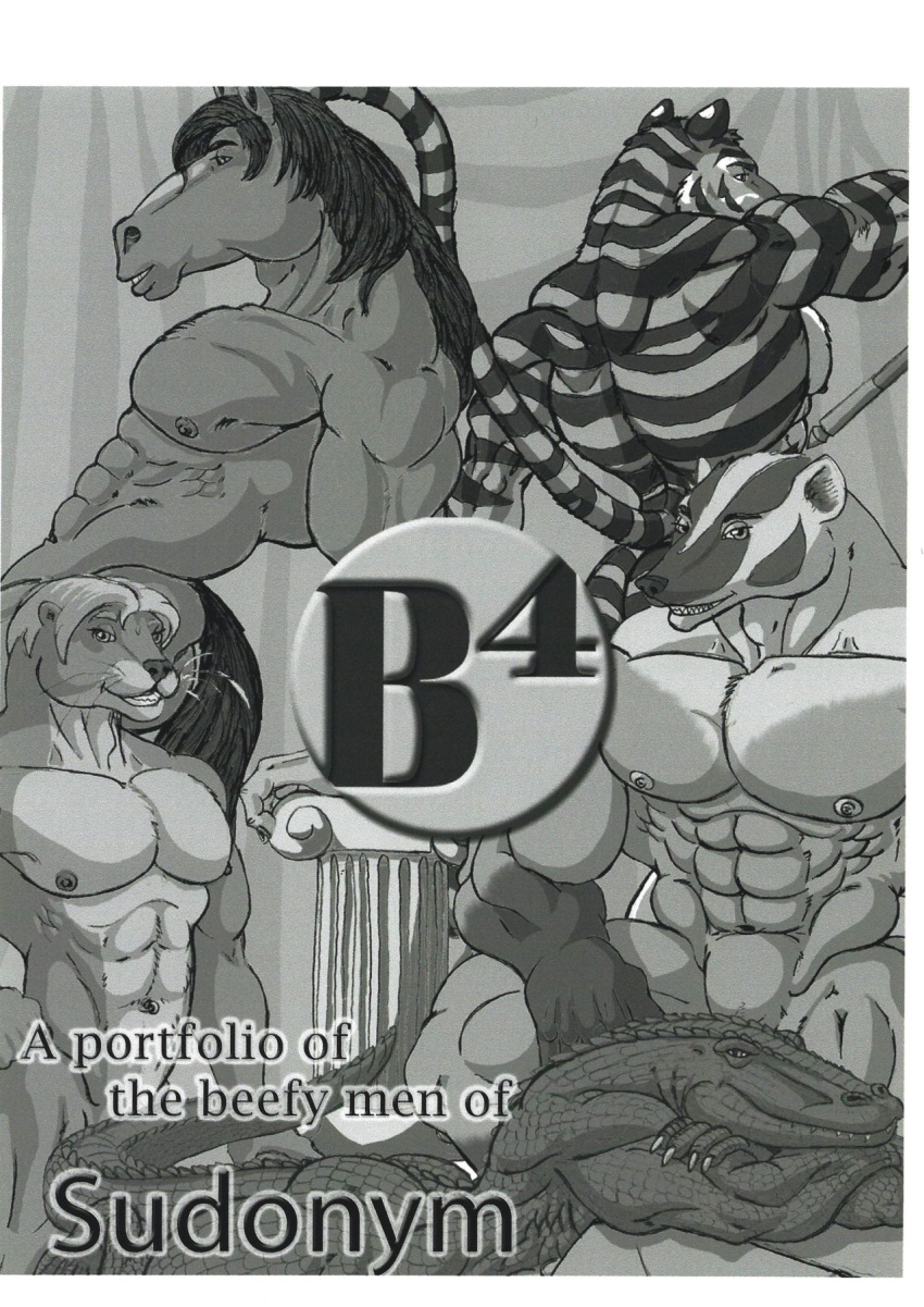 abs anthro arm_support badger claws crocodilian equid equine felid group hair hi_res holding_object horse humanoid leaning lutrine male mammal muscular muscular_male mustelid musteline pantherine pecs reptile scales scalie smile stripes sudonym tiger