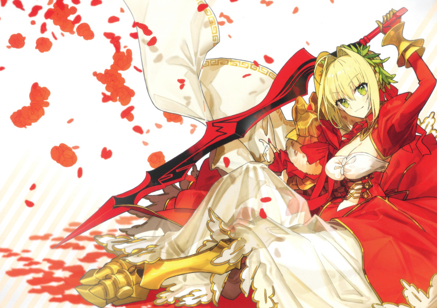 1girl absurdres ahoge armored_boots bangs blonde_hair boots breasts cleavage closed_mouth detached_sleeves dress fate/extra fate/grand_order fate_(series) full_body gloves gold_trim green_eyes hair_ornament head_wreath highres holding long_dress long_skirt long_sleeves looking_at_viewer medium_breasts nero_claudius_(fate) nero_claudius_(fate/extra) puffy_sleeves scan see-through shiny shiny_hair simple_background sitting skirt smile solo sword wada_arco weapon