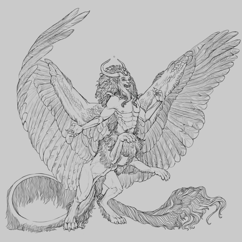 action_pose ambiguous_gender angry biceps black_and_white classical confident deity demon diorionarh feathered_wings feathers felid fur hair hi_res horn line_art lion male mammal monochrome muscular muscular_male mythology nipples pantherine paws pose renaissance sketch smile smirk solo tail_motion tailwag taur unknown_species wings