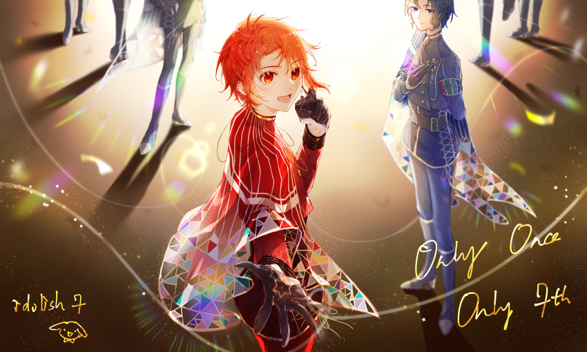 6+boys absurdres highres idolish_7 izumi_iori lens_flare looking_at_viewer male_focus multiple_boys nanase_riku outstretched_hand reaching_out red_eyes red_hair short_hair smile youye139