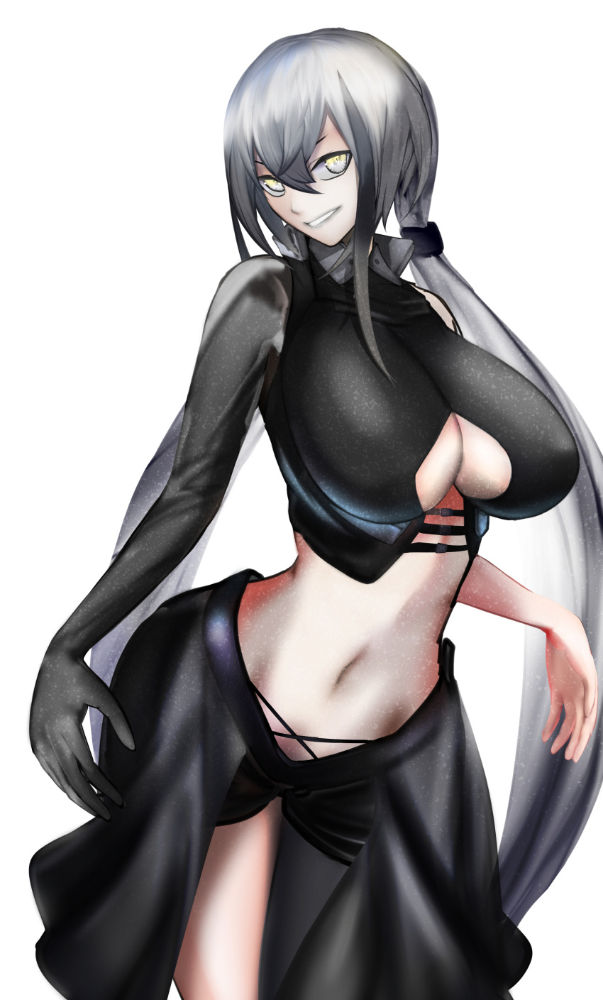 1girl absurdres asymmetrical_clothes breasts cleavage clothing_cutout gaia_(girls'_frontline) girls'_frontline grey_hair grey_lips grin highres huge_breasts low_twintails multicolored_hair navel sangvis_ferri smile solo streaked_hair twintails underboob_cutout wavigg yellow_eyes