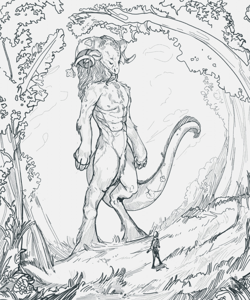 anthro biceps black_and_white classical deity demon diorionarh duo emotional eye_contact feathered_wings feathers feeling forest fur grass hair hi_res human leaf line_art looking_at_another male mammal monochrome muscular muscular_male mythology nature outside plant renaissance size_difference sketch surreal tree unknown_species wings