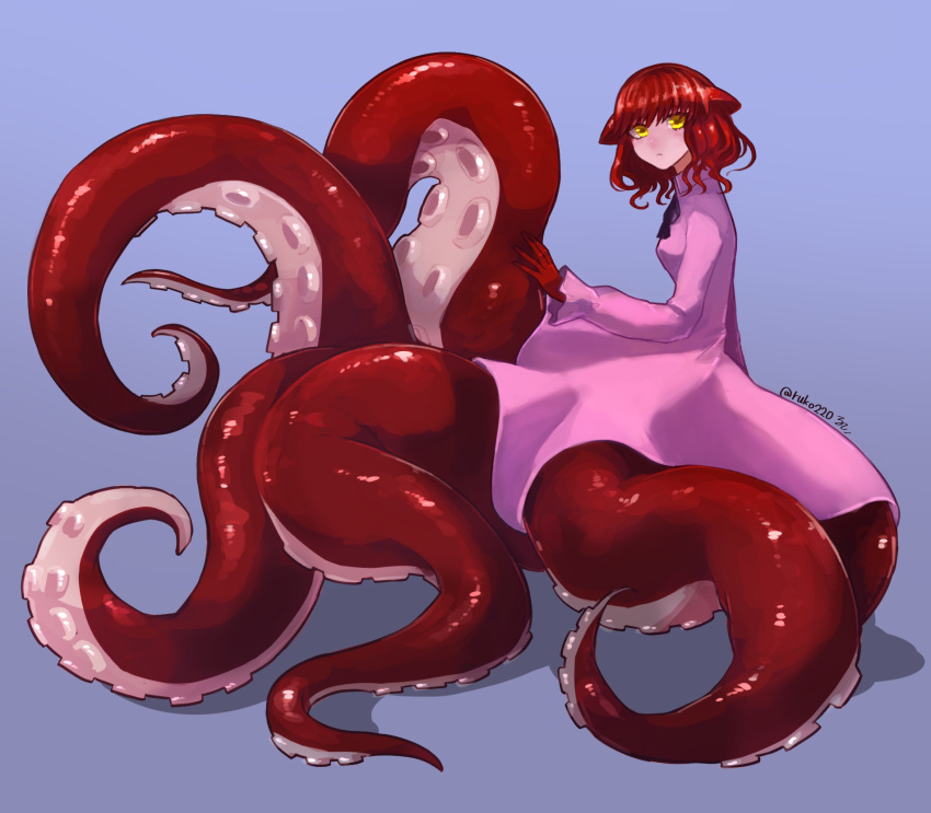 1girl animal_ears blue_background closed_mouth colored_skin dress from_side highres long_sleeves looking_at_viewer looking_to_the_side medium_hair monster_girl original pink_dress red_hair red_skin ruteko_(ruko220) scylla simple_background solo suction_cups tentacles twitter_username yellow_eyes