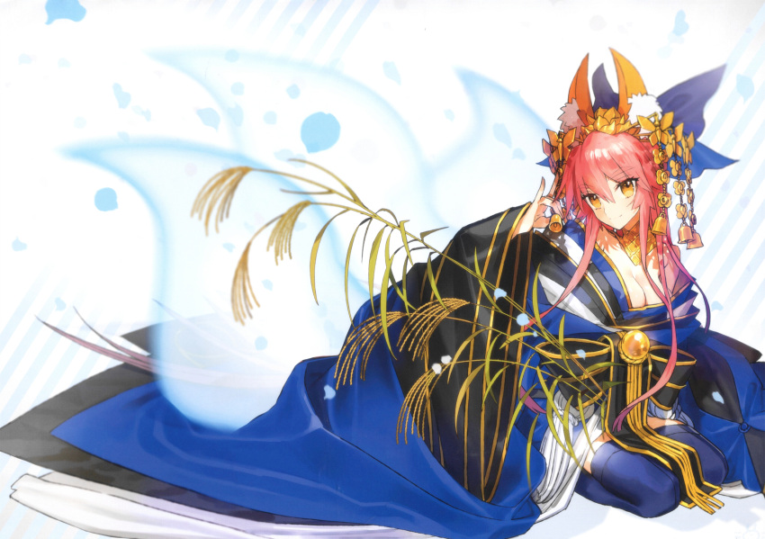 1girl absurdres animal_ear_fluff animal_ears bangs bell bow breasts brown_eyes cleavage closed_mouth fate/extra fate/grand_order fate_(series) fox_ears fox_girl full_body gold_trim hair_ornament hand_up head_tilt highres holding japanese_clothes kimono long_sleeves looking_at_viewer medium_breasts obi pink_hair sash simple_background sitting smile solo tamamo_(fate) tamamo_no_mae_(fate/extra) thighhighs wada_arco wide_sleeves