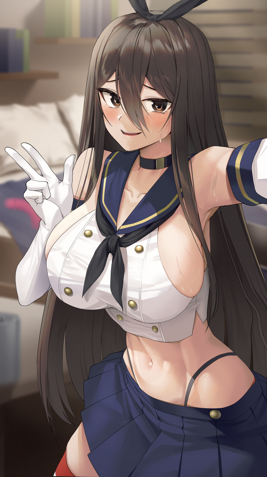1girl absurdres arm_strap armpits bangs bare_shoulders black_choker black_hairband black_neckerchief blue_sailor_collar blue_skirt blurry blurry_background blush bow_hairband breasts brown_eyes brown_hair choker cosplay crop_top elbow_gloves gloves goback hair_between_eyes hairband highleg highleg_panties highres indoors kantai_collection large_breasts long_hair looking_at_viewer miniskirt navel neckerchief original outstretched_arm panties parted_lips pleated_skirt raised_eyebrows sailor_collar school_uniform selfie serafuku shimakaze_(kancolle) shimakaze_(kancolle)_(cosplay) shirt sidelocks skirt smile solo stomach striped striped_thighhighs sweat taut_clothes taut_shirt thighhighs underwear v white_gloves white_shirt zettai_ryouiki