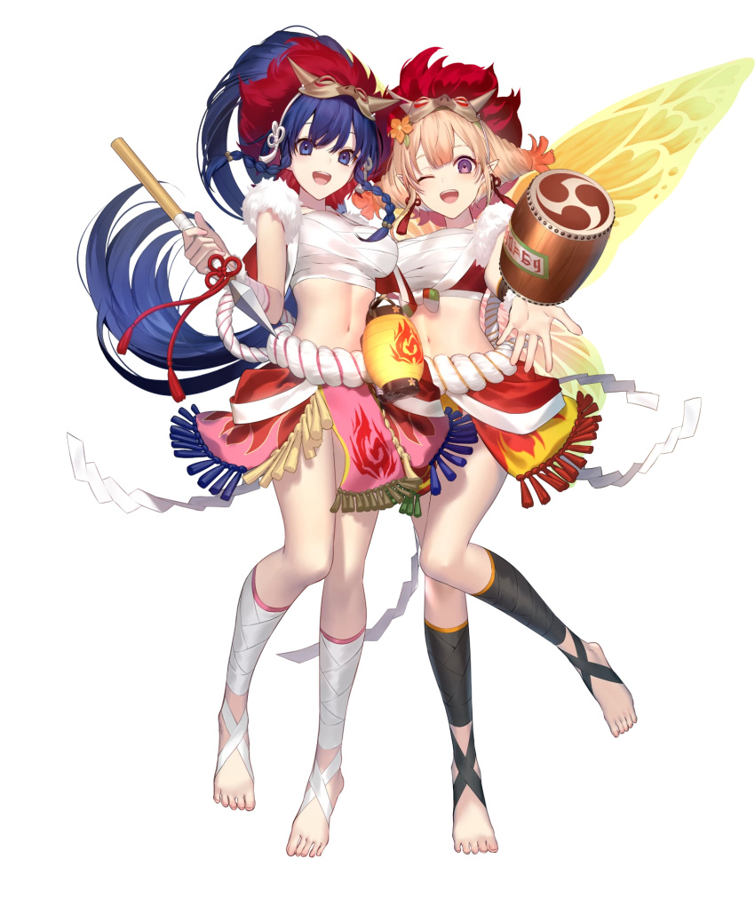 2girls bangs bare_shoulders barefoot blonde_hair blue_eyes blue_hair drum fairy fairy_wings fire_emblem fire_emblem:_the_sacred_stones fire_emblem_heroes gradient gradient_hair highres holding holding_weapon horned_mask instrument long_hair looking_at_viewer mashima_saki_(mashimasa) mask mask_on_head midriff multicolored_hair multiple_girls navel non-web_source official_art open_clothes open_mouth orange_hair pelvic_curtain peony_(fire_emblem) polearm ponytail purple_eyes rope sarashi sidelocks sleeveless smile spear stomach tana_(fire_emblem) teeth toes transparent_background upper_teeth weapon wings