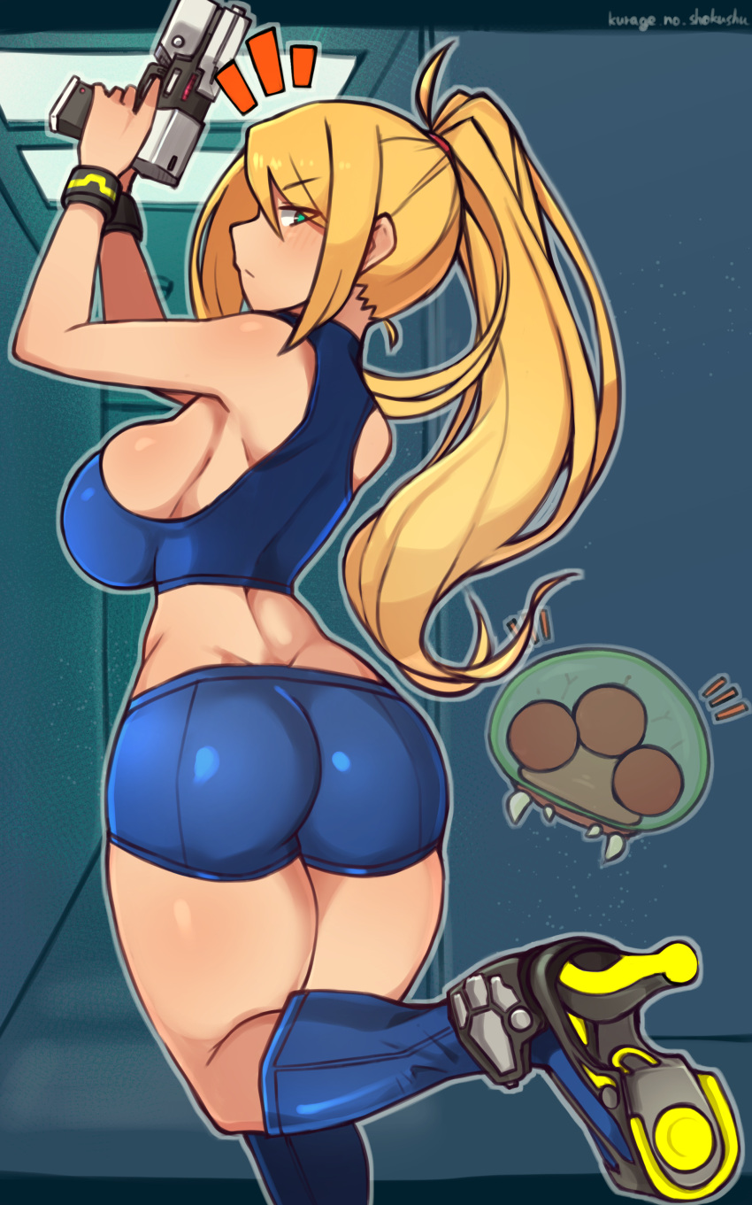 1girl absurdres aqua_eyes ass bare_shoulders blonde_hair breasts crop_top feet_out_of_frame from_behind gun high_heels highres holding holding_gun holding_weapon indoors large_breasts long_hair looking_back metroid metroid_(creature) midriff nape notice_lines ponytail profile samus_aran sideboob sidelocks sleeveless standing standing_on_one_leg umitsuki_(kurage_no_shokushu) weapon wristband