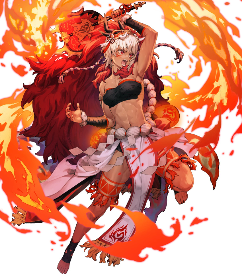 1girl abs arm_up armpits bangs bare_shoulders breasts cozy dark-skinned_female dark_skin facial_mark fire_emblem fire_emblem_fates fire_emblem_heroes full_body fur_trim hair_ornament hand_fan highres holding horned_mask lantern leg_up looking_away mask mask_on_head medium_breasts muscular muscular_female navel non-web_source official_art open_mouth paper_lantern pelvic_curtain red_eyes rinkah_(fire_emblem) rope sarashi short_hair solo stomach strapless teeth thigh_strap thighs transparent_background white_hair