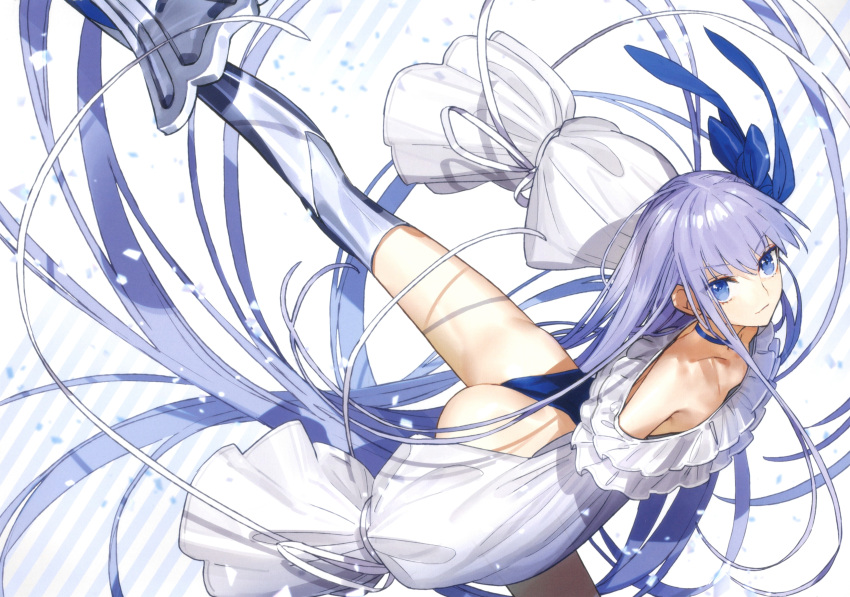 1girl absurdres ass bangs bare_shoulders blue_eyes blue_hair breasts choker closed_mouth detached_sleeves fate/grand_order fate_(series) hair_ornament highleg highleg_leotard highres leg_up leotard long_hair long_sleeves looking_at_viewer meltryllis_(fate) meltryllis_(swimsuit_lancer)_(fate) meltryllis_(swimsuit_lancer)_(second_ascension)_(fate) ribbon scan shiny shiny_hair simple_background small_breasts solo very_long_hair wada_arco white_background