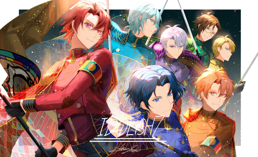 6+boys absurdres bishounen black_hair blonde_hair blue_eyes blue_hair glasses gloves green_hair highres idolish_7 izumi_iori izumi_mitsuki jewelry looking_at_viewer male_focus military military_uniform multiple_boys nanase_riku nikaido_yamato open_mouth orange_eyes orange_hair osaka_sougo purple_eyes red_eyes red_hair rokuya_nagi shirt short_hair smile uniform white_hair xinjinjumin1414639 yotsuba_tamaki