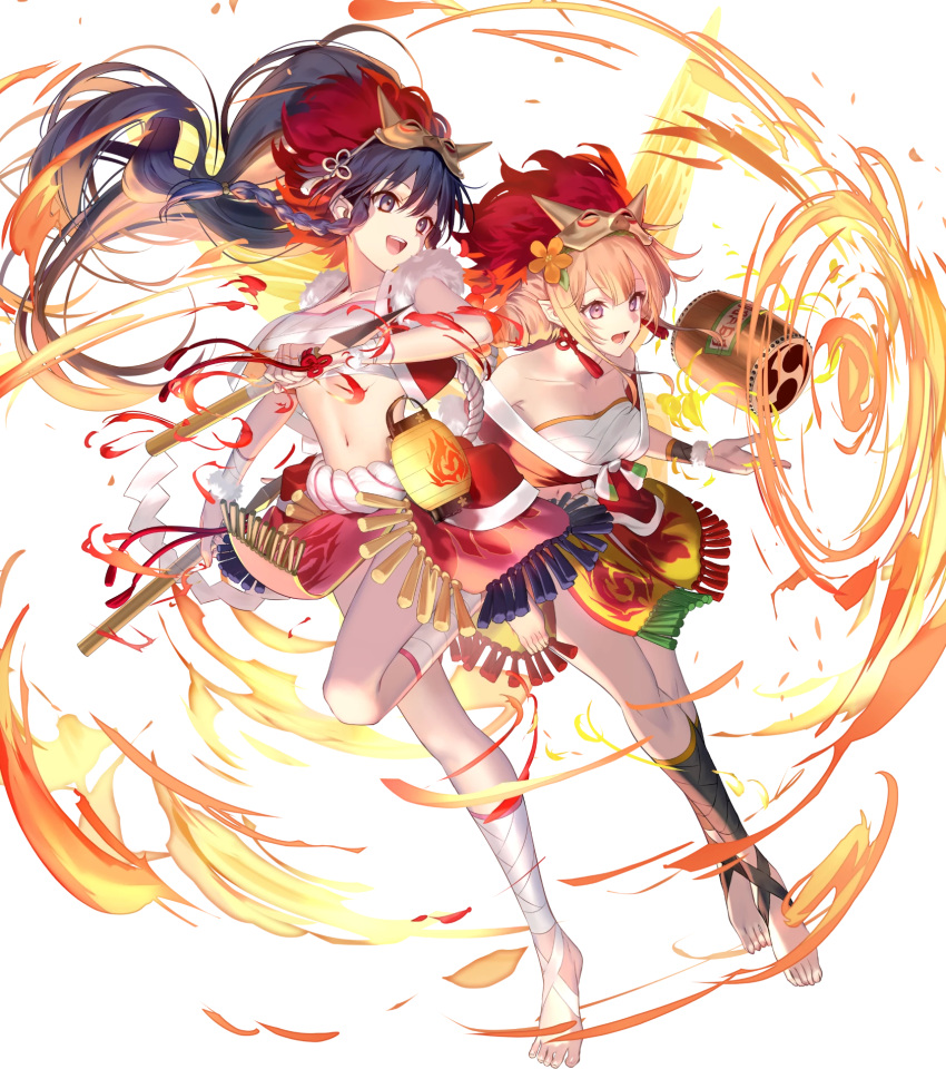 2girls bangs bare_shoulders barefoot blonde_hair blue_eyes blue_hair breasts cleavage collarbone drum dual_wielding fairy fairy_wings fire fire_emblem fire_emblem:_the_sacred_stones fire_emblem_heroes flower full_body fur_trim gradient gradient_hair hair_flower hair_ornament highres holding holding_weapon horned_mask instrument leg_up long_hair looking_away mashima_saki_(mashimasa) mask mask_on_head medium_breasts midriff multicolored_hair multiple_girls navel non-web_source off_shoulder official_art open_clothes open_mouth orange_hair pelvic_curtain peony_(fire_emblem) polearm ponytail purple_eyes rope sarashi sidelocks smile spear stomach tana_(fire_emblem) teeth toes transparent_background upper_teeth weapon wings