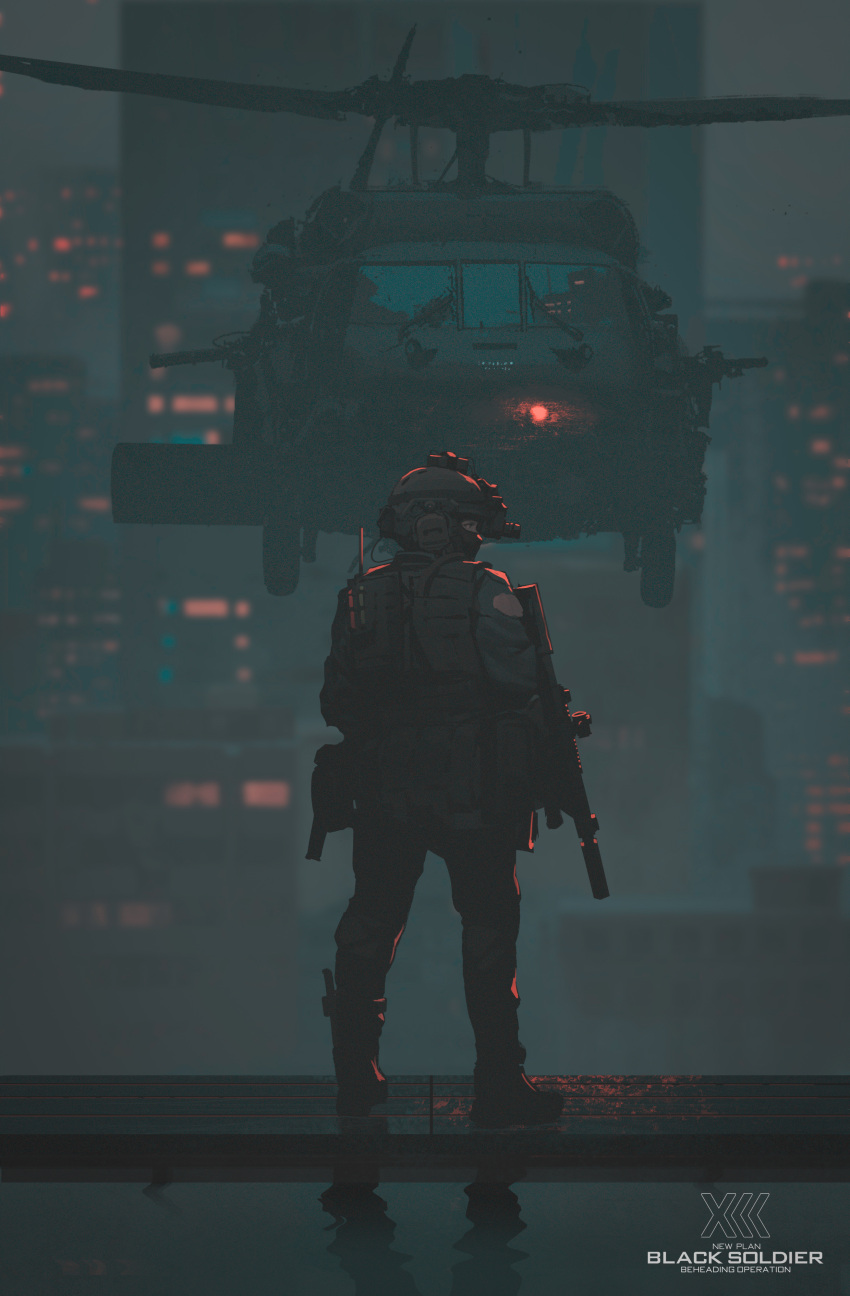 1boy absurdres aircraft assault_rifle black_soldier boots building cityscape full_body gun helicopter helmet highres load_bearing_vest military_helmet night_vision_device original outdoors pants rifle scope skyscraper soldier solo standing suppressor uh-60_blackhawk weapon