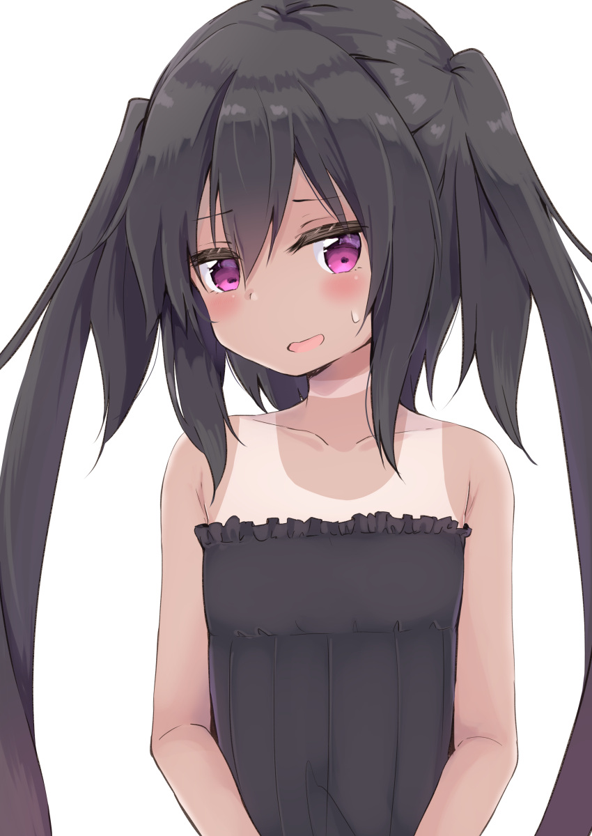 1girl absurdres amano_kouki bangs bare_arms bare_shoulders black_dress black_hair blush collarbone dress frilled_dress frills hair_between_eyes highres long_hair looking_at_viewer note-chan open_mouth original purple_eyes simple_background solo strapless strapless_dress sweat tan tanlines twintails very_long_hair white_background