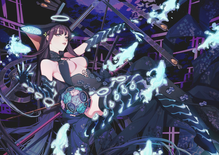 1girl black_dress black_hair black_sleeves black_thighhighs blue_fire breasts center_opening commentary_request detached_sleeves dress elbow_gloves fate/grand_order fate_(series) fire gloves glowing grey_eyes halo halter_dress halterneck highres large_breasts lips long_hair looking_at_viewer parted_lips pink_lips qiuyun62303677 revealing_clothes solo thighhighs very_long_hair yang_guifei_(fate) yang_guifei_(third_ascension)_(fate)