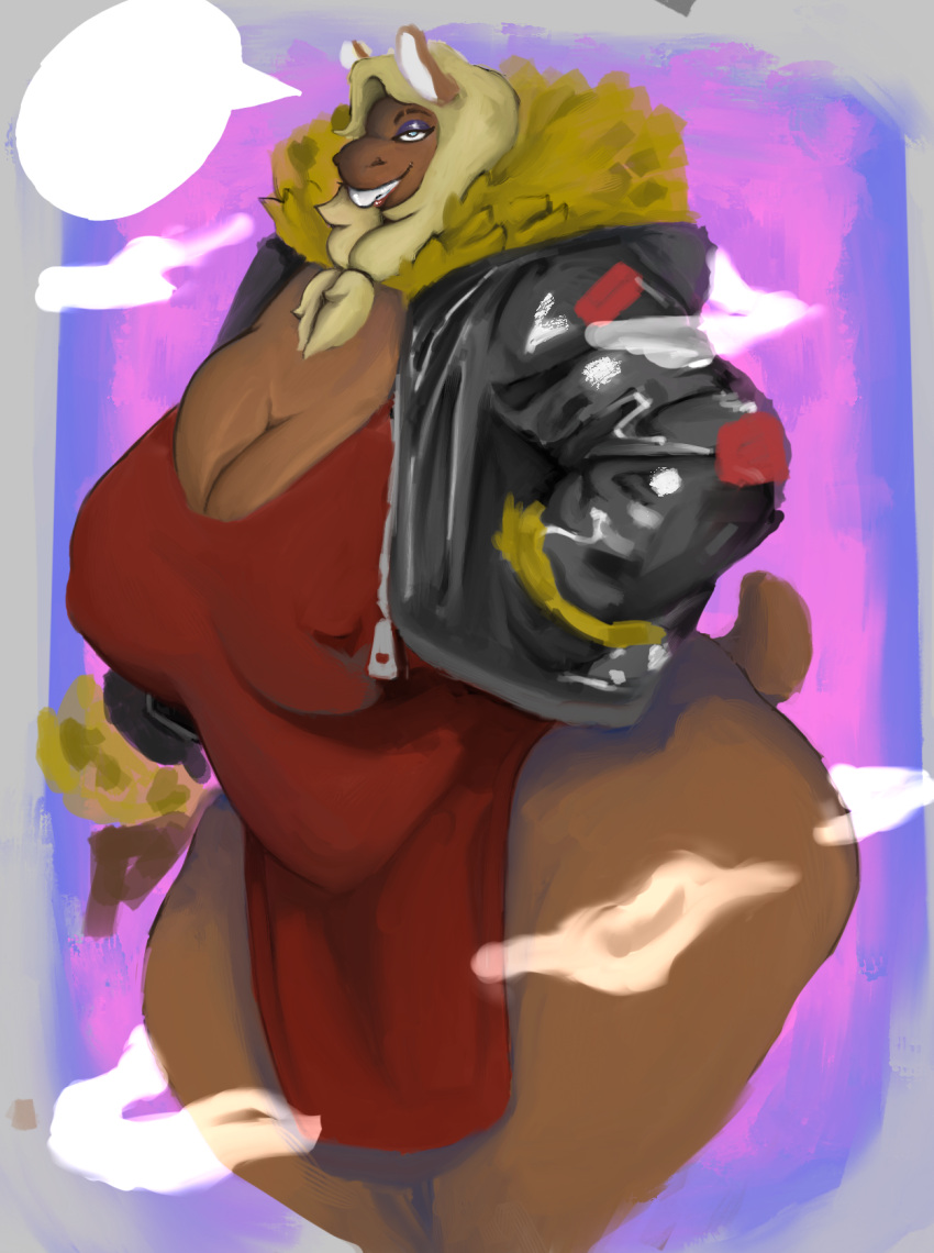 alpaca anthro big_breasts breasts breastwizard camelid clothed clothing digital_media_(artwork) erect_nipples female hair hi_res huge_breasts mammal nipple_outline nipples skimpy smile solo thick_thighs wide_hips