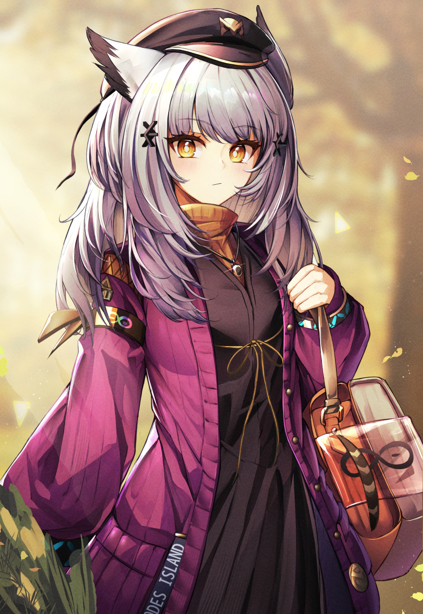 1girl absurdres arknights bag bangs black_headwear blurry blurry_background blush bright_pupils closed_mouth depth_of_field dress grey_hair hair_ornament hat highres jacket jewelry long_hair looking_at_viewer necklace official_alternate_costume owl_ears penguin4 portrait ptilopsis_(arknights) ptilopsis_(serenity)_(arknights) solo white_hair yellow_eyes