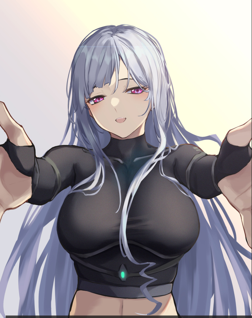 3_small_spiders ak-12_(girls'_frontline) blush breasts collarbone crop_top girls'_frontline grey_hair highres incoming_hug large_breasts long_hair open_mouth outstretched_arms pink_eyes smile turtleneck unusually_open_eyes very_long_hair