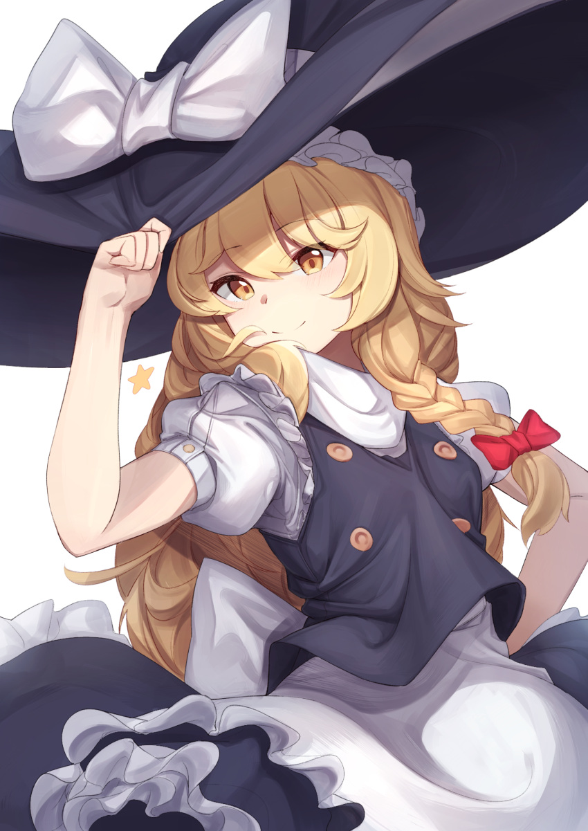 1girl absurdres apron arm_up back_bow bangs black_headwear black_skirt black_vest blonde_hair blush bow braid brown_eyes buttons closed_mouth commentary frills grey_apron grey_bow hair_between_eyes hair_bow hand_on_headwear hand_on_hip hand_up hat hat_bow highres kirisame_marisa long_hair looking_at_viewer mung_(larnec) puffy_short_sleeves puffy_sleeves red_bow short_sleeves simple_background single_braid skirt smile solo standing star_(symbol) symbol-only_commentary touhou vest white_background white_bow witch_hat