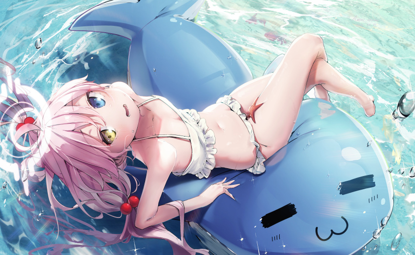 1girl absurdres afloat ahoge amamami_prime arm_support bangs bare_arms bare_legs bare_shoulders barefoot bikini blue_archive blue_eyes blush collarbone crossed_legs fish frilled_bikini frills from_above hair_between_eyes hair_bobbles hair_ornament halo heterochromia highres hoshino_(blue_archive) innertube long_hair looking_at_viewer navel ocean open_mouth pink_hair smile soaking_feet solo swimsuit thighs twintails very_long_hair water wet white_bikini yellow_eyes