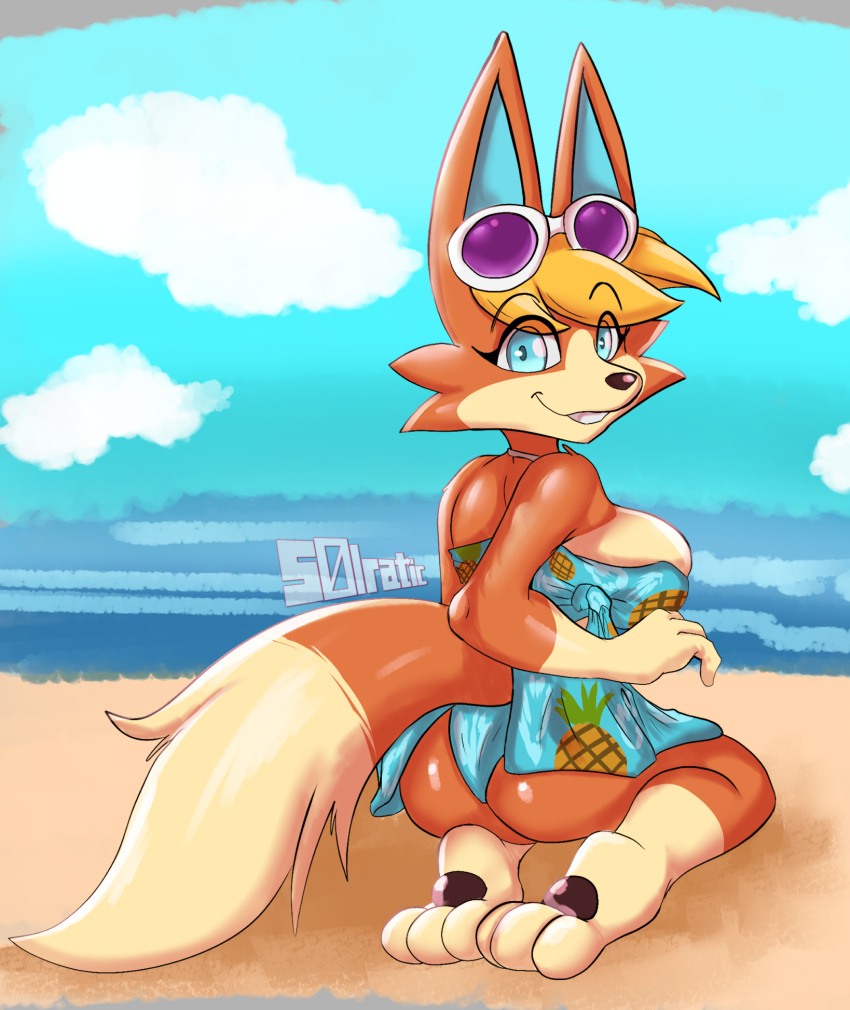 animal_crossing anthro audie_(animal_crossing) beach big_breasts breast_squish breasts canid canine canis clothing dress eyewear eyewear_on_head female food fruit hi_res kneeling looking_at_viewer looking_back mammal nintendo pawpads pineapple pineapple_pattern plant seaside solo solratic squish sunglasses sunglasses_on_head video_games wolf