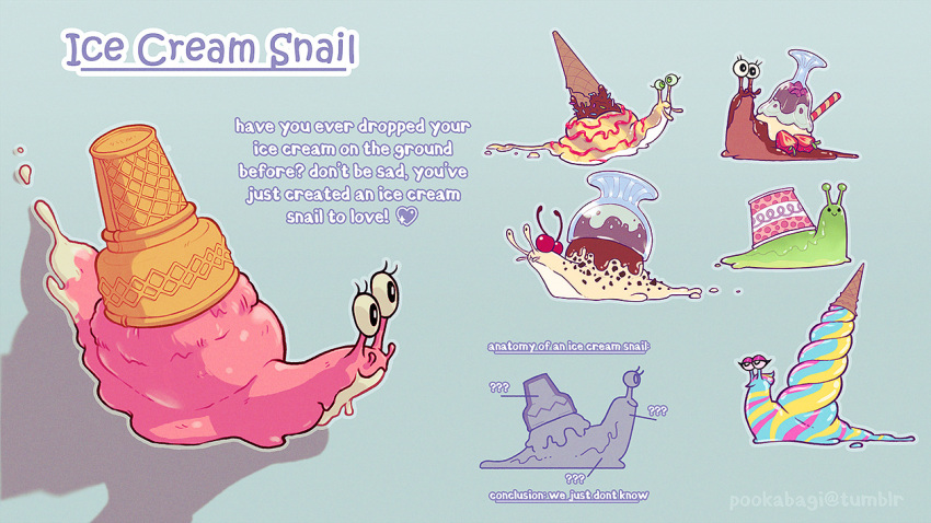 ambiguous_gender blue_background collage dessert english_text eyelashes eyestalks female feral food food_creature gastropod ice_cream ice_cream_cone ice_cream_sundae mollusk pookabagi simple_background snail text