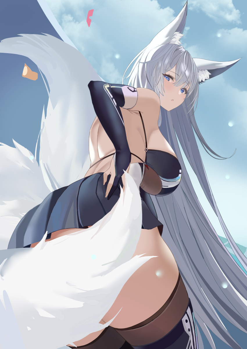 1girl absurdres animal_ears azur_lane bare_shoulders blue_eyes breasts convenient_censoring elbow_gloves fingerless_gloves fox_ears fox_girl fox_tail gloves highres kyuubi large_breasts looking_at_viewer multiple_tails shinano_(azur_lane) skirt solo tail thick_thighs thighs tnr_(horiko1525) underboob white_hair