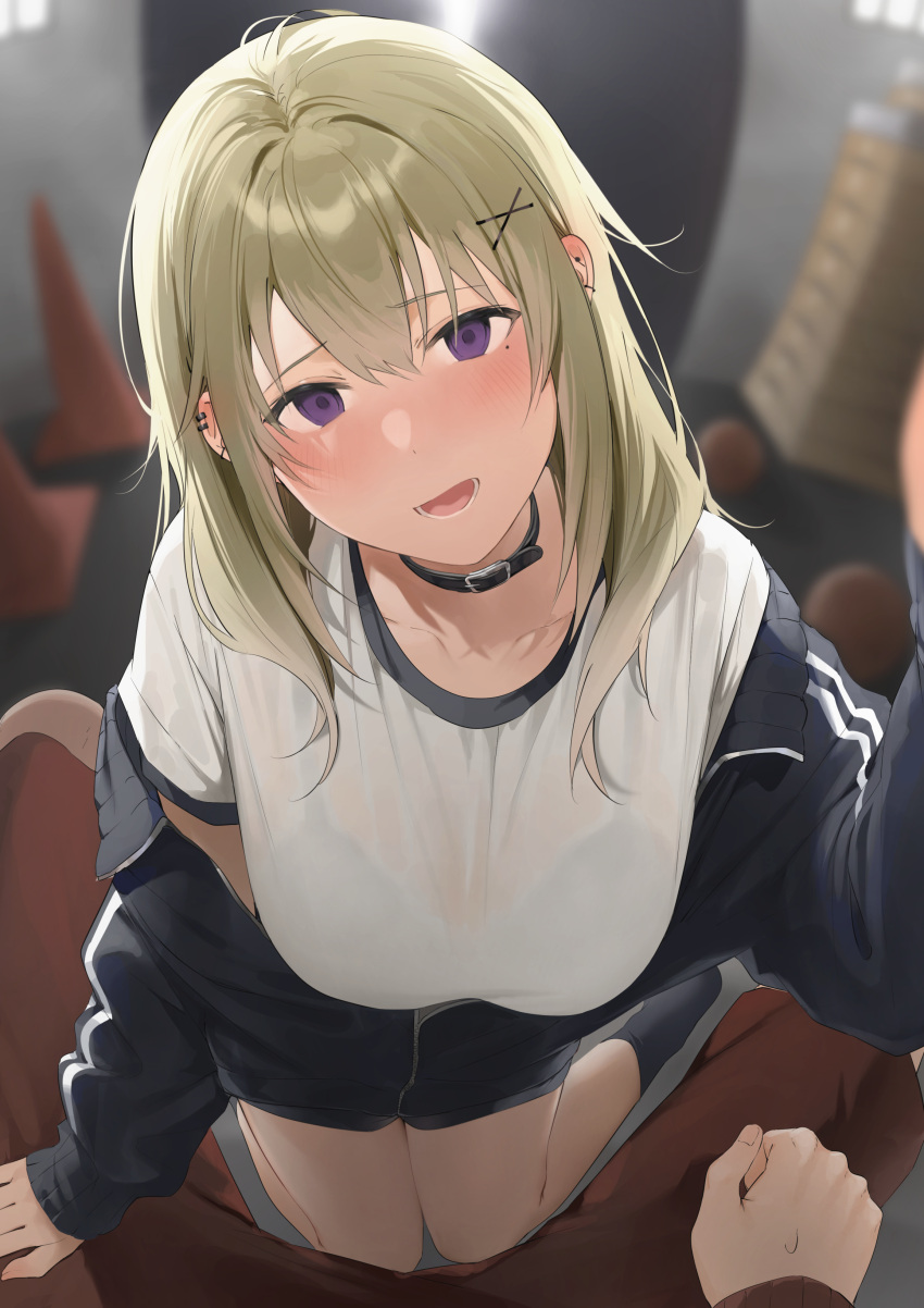 1girl absurdres bangs black_collar black_jacket blonde_hair blush bra_visible_through_clothes breasts collar highres jacket large_breasts long_hair long_sleeves looking_at_viewer looking_back mole mole_under_eye original parted_lips partially_unzipped pov purple_eyes shirt smile solo_focus t-shirt thighs white_shirt xretakex