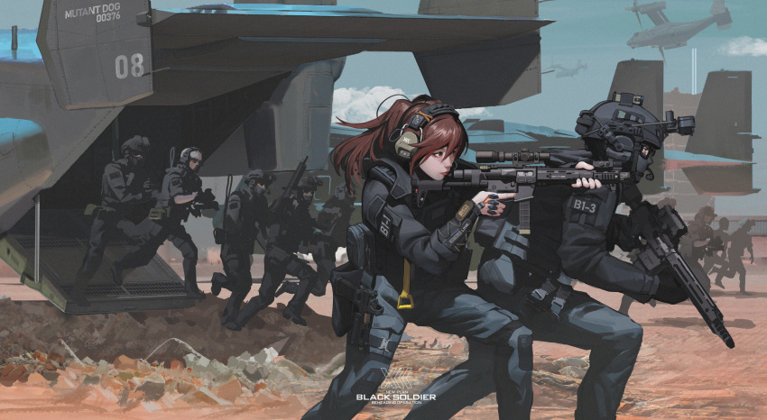 1girl 6+boys absurdres aircraft assault_rifle black_gloves black_jacket black_pants black_soldier blue_sky brown_eyes brown_hair cloud day ear_protection gloves gun helmet highres holding holding_gun holding_weapon jacket load_bearing_vest long_hair long_sleeves magazine_(weapon) military military_helmet military_operator multiple_boys night_vision_device original outdoors pants ponytail rifle scope sky trigger_discipline weapon