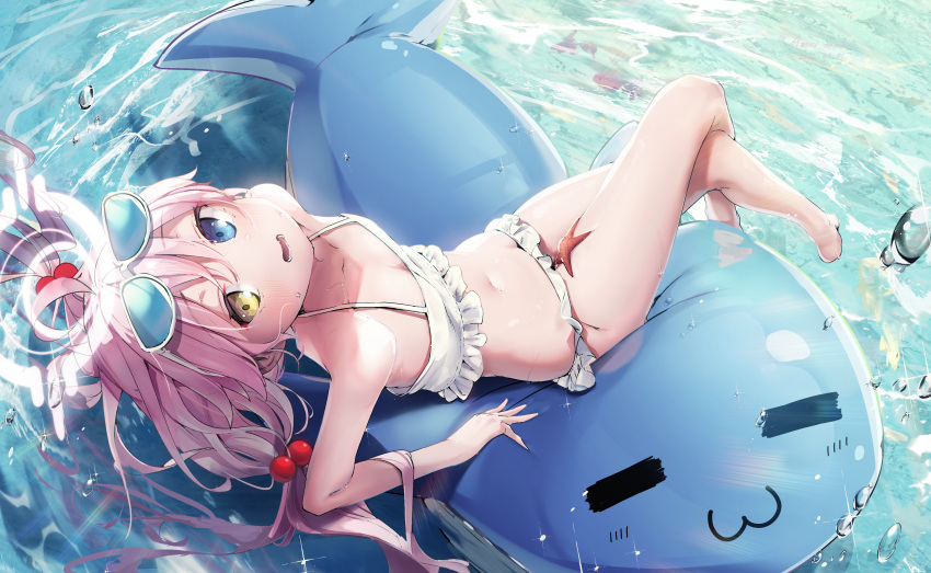 1girl absurdres afloat ahoge amamami_prime arm_support bangs bare_arms bare_legs bare_shoulders barefoot bikini blue_archive blue_eyes blush collarbone crossed_legs eyewear_on_head fish frilled_bikini frills from_above hair_between_eyes hair_bobbles hair_ornament halo heterochromia highres hoshino_(blue_archive) innertube long_hair looking_at_viewer navel ocean open_mouth pink_hair smile soaking_feet solo sunglasses swimsuit thighs twintails very_long_hair water wet white_bikini yellow_eyes