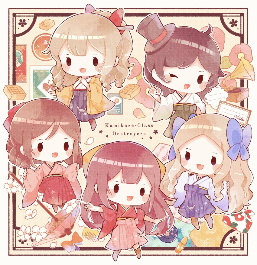 5girls asakaze_(kancolle) black_hair black_hakama black_headwear blonde_hair blue_hakama blue_kimono blue_ribbon blush_stickers boots brown_footwear brown_hair drill_hair flower furisode green_hakama hair_ribbon hakama harukaze_(kancolle) hat hatakaze_(kancolle) highres japanese_clothes kamikaze_(kancolle) kantai_collection kimono light_brown_hair long_hair long_sleeves matsukaze_(kancolle) meiji_schoolgirl_uniform mini_hat mini_top_hat multiple_girls nada_namie one_eye_closed open_mouth petals pink_flower pink_hakama pink_kimono purple_hair red_hakama red_kimono red_ribbon ribbon short_hair smile top_hat white_flower white_kimono wide_sleeves yellow_ribbon