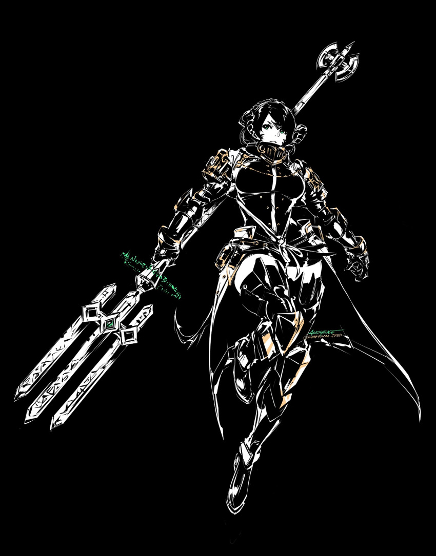 1girl andyface armor armored_boots black_background boots cowter gauntlets gorget green_eyes highres horns looking_to_the_side magic original polearm short_hair shorts simple_background solo trident weapon zettai_ryouiki