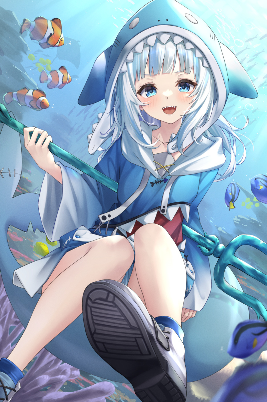 1girl :d animal_costume animal_hood bangs blue_eyes blue_hair blue_hoodie blunt_bangs bubble clownfish collarbone fish fish_tail gawr_gura hand_up highres holding holding_polearm holding_trident holding_weapon hololive hololive_english hood hood_up hoodie long_sleeves medium_hair multicolored_hair ocean open_mouth polearm regal_blue_tang school_of_fish shark_costume shark_girl shark_hood shark_tail sharp_teeth shoes sidelocks sleeves_past_wrists smile sneakers solo streaked_hair tail teeth trident tsurupy two-tone_hair underwater upper_teeth virtual_youtuber weapon white_footwear white_hair wide_sleeves