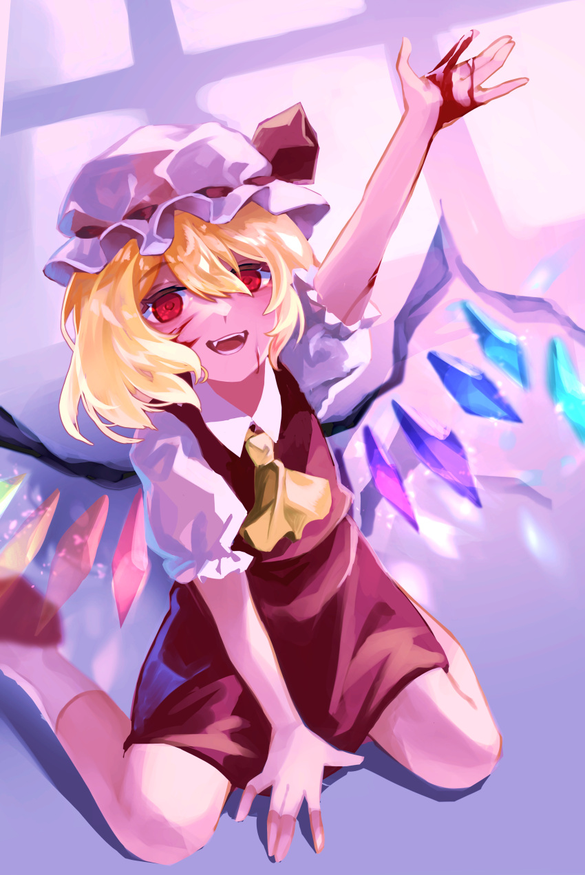 1girl \||/ absurdres arm_up ascot bangs beekan blonde_hair blood blood_on_face blood_on_hands collared_shirt commentary_request crystal fangs flandre_scarlet full_body hair_between_eyes hand_on_floor hat hat_ribbon highres looking_at_viewer medium_hair mob_cap open_mouth puffy_short_sleeves puffy_sleeves red_eyes red_footwear red_ribbon red_skirt red_vest ribbon shirt shoes short_sleeves sitting skirt smile socks solo touhou vest wariza white_shirt white_socks wings yellow_ascot