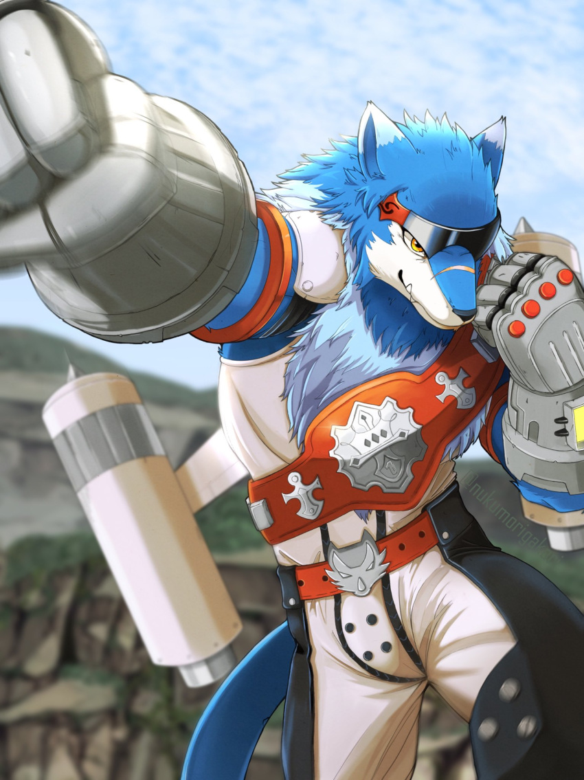 anthro bandai_namco blue_body blue_fur canid canine canis digimon digimon_(species) eyewear fur hi_res jet_pack machgaogamon male mammal mecha_fist muscular muscular_anthro muscular_male nukumorigakari punch scar solo sunglasses wolf yellow_eyes