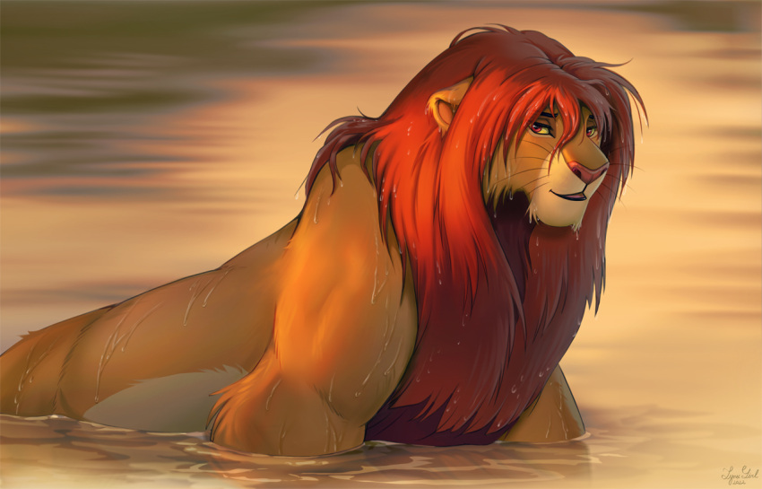 2022 brown_nose digital_media_(artwork) disney felid feral fur green_eyes lion looking_at_viewer male mammal mane pantherine partially_submerged reallynxgirl red_mane river simba solo the_lion_king wet wet_body wet_fur wet_mane yellow_body yellow_fur yellow_sclera