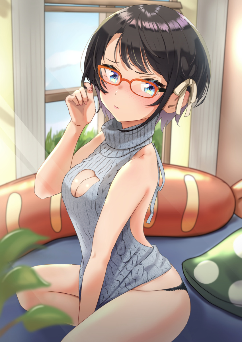 1girl aqua_eyes aran_sweater backless_dress backless_outfit bangs bare_shoulders between_legs black_panties blurry blurry_foreground blush breasts brown_hair cleavage cleavage_cutout closed_mouth clothes_tug clothing_cutout dress food from_side glasses grey_sweater hair_ribbon hand_between_legs highres holding holding_hair hololive indoors lipgloss looking_at_viewer medium_breasts meme_attire no_pants novelty on_bed oozora_subaru orange-framed_eyewear panties pillow ribbon sausage short_hair sitting sleeveless sleeveless_sweater solo sweater sweater_tug swept_bangs taachika turtleneck turtleneck_sweater underwear virgin_killer_sweater virtual_youtuber window