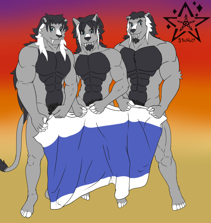 anthro canid canine canis digital_drawing_(artwork) digital_media_(artwork) fafnir_stardust_(artist) fangs feet felid flat_colors group group_sex hi_res lion looking_at_viewer male mammal muscular muscular_anthro muscular_male nude pantherine sex simple_background threesome toes towel trio ursid wolf