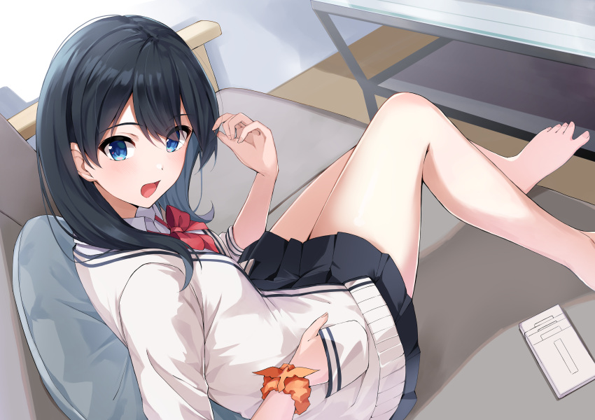 1girl :d absurdres bangs bare_legs barefoot black_hair black_skirt blue_eyes bow bowtie cardigan couch from_side gridman_universe hand_in_pocket hand_up highres indoors knees_up long_hair looking_at_viewer looking_to_the_side marie_(pixiv31942978) miniskirt on_couch open_mouth pillow pleated_skirt red_bow red_bowtie school_uniform scrunchie sitting skirt smile solo ssss.gridman table takarada_rikka white_cardigan wrist_scrunchie