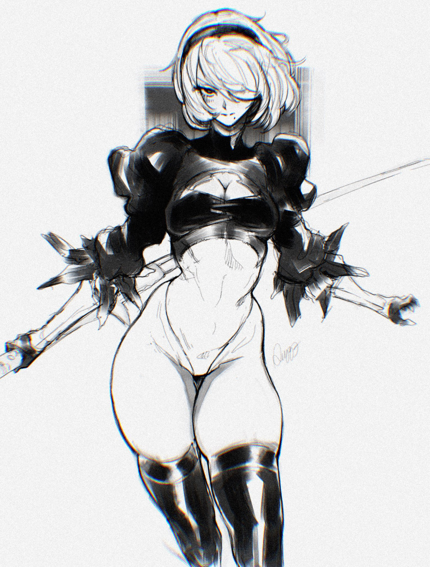 1girl aeyga breasts cleavage_cutout closed_mouth clothing_cutout commentary feather_trim gloves greyscale hair_over_one_eye hairband highleg highleg_leotard highres holding holding_sword holding_weapon katana leotard long_sleeves looking_at_viewer medium_breasts mole mole_under_mouth monochrome nier_(series) nier_automata puffy_sleeves reverse_grip short_hair simple_background solo sword thighhighs turtleneck weapon yorha_no._2_type_b