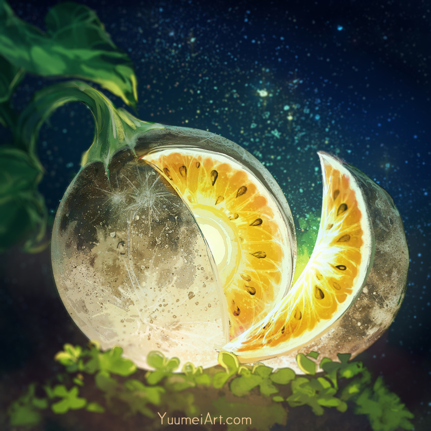 commentary english_commentary food food_focus fruit full_moon highres melon melon_slice moon night night_sky no_humans original outdoors sky star_(sky) starry_sky watermark web_address yuumei