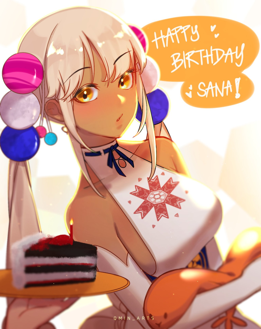 1girl backless_outfit birthday birthday_cake blonde_hair breasts cake chocolate_cake dark-skinned_female dark_skin elbow_gloves food gloves hair_ornament halterneck happy_birthday heart highres hololive hololive_english light_brown_hair limiter_(tsukumo_sana) long_hair planet_hair_ornament plate qmin_arts sideboob simple_background tsukumo_sana twintails very_long_hair virtual_youtuber white_gloves yatagarasu_(tsukumo_sana) yellow_eyes