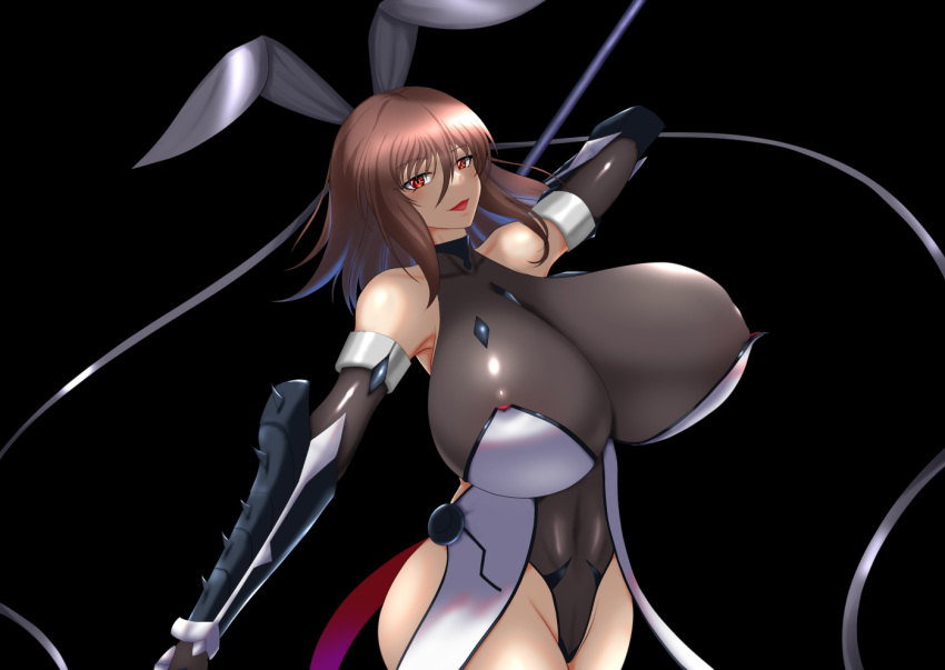 1girl action_taimanin armpits bare_shoulders black_ribbon blush bodysuit breasts brown_hair covered_navel detached_sleeves gauntlets glaive gloves highleg highleg_leotard holding holding_weapon huge_breasts impossible_bodysuit impossible_clothes impossible_leotard koneruhaiko leotard looking_at_viewer mature_female medium_hair mizuki_shiranui naginata navel open_mouth polearm red_eyes ribbon skin_tight skindentation smile solo standing taimanin_(series) taimanin_rpgx taimanin_suit taimanin_yukikaze thick_thighs thighhighs thighs thong_leotard turtleneck vambraces weapon